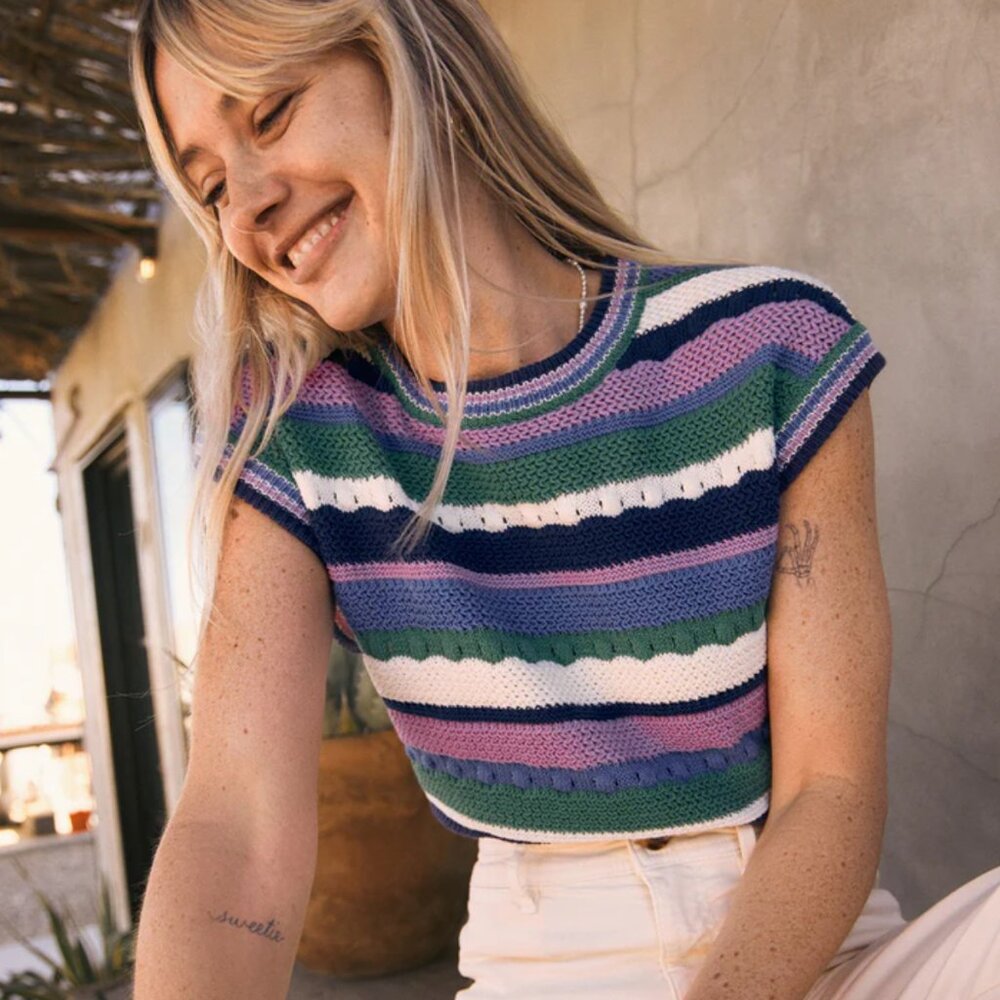 Marine Layer Striped Knit Crop Top in Blue, Green, White, Purple